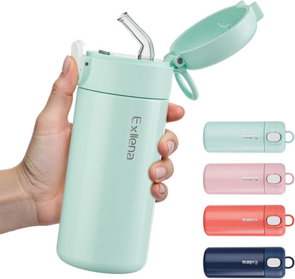 Exllena 10oz Small Insulated Water Bottle with One-Touch Soft Straw Lid, Double-Wall Vacuum Small Travel Water Bottle for Cold&Hot Drinks–Leak-Proof, Mini Flask for Handbag, Yoga, Sport(Mint)