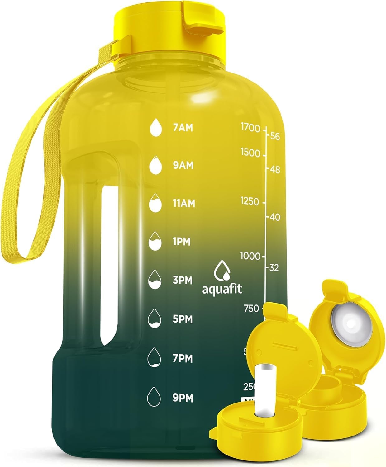 AQUAFIT 64 oz Water Bottle with Time Marker - Straw & Chug Lid - BPA Free Half Gallon Gym Water Bottle with Handle - Big Gallon Jug (Gray, 64 Ounces)