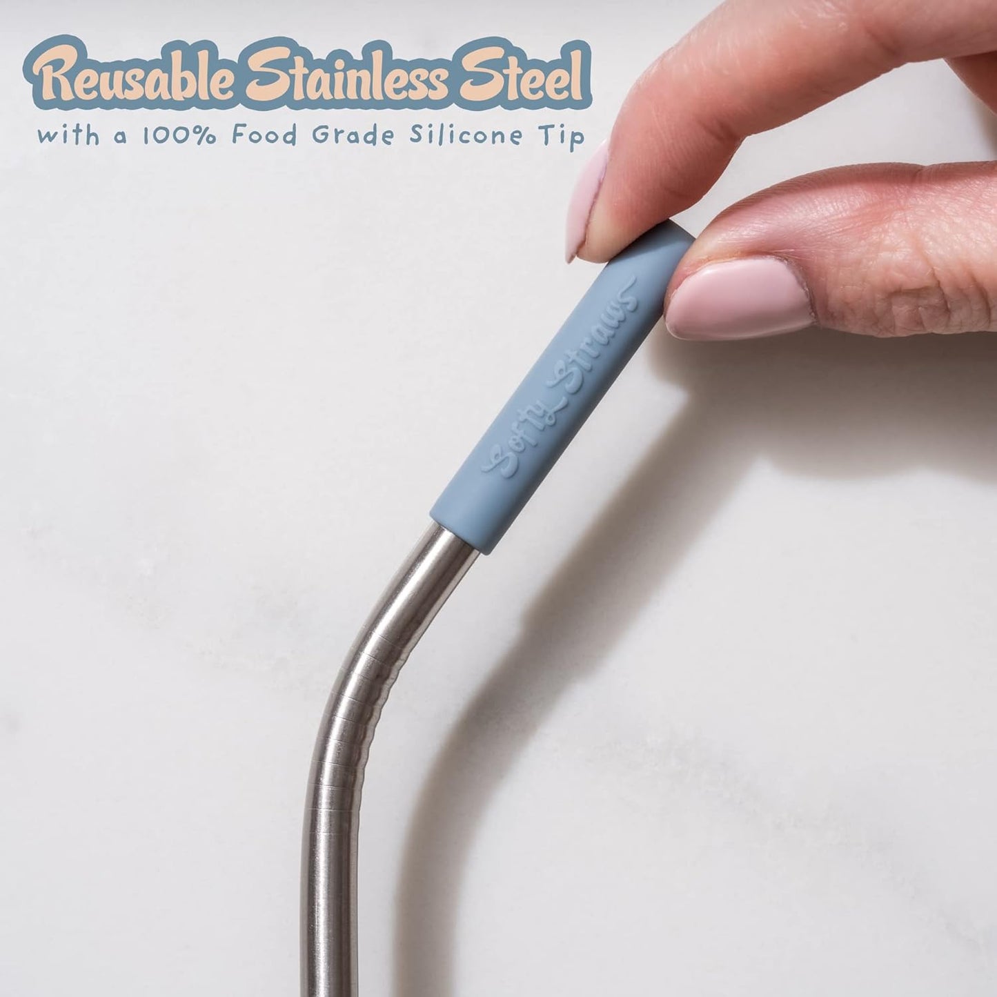 Softy Straws Premium Reusable Stainless Steel Drinking Straws With Silicone Tips + Patented Straw Cleaners and Carrying Case - 9” Long Metal With Curved Bend for 20/30/32oz Tumblers