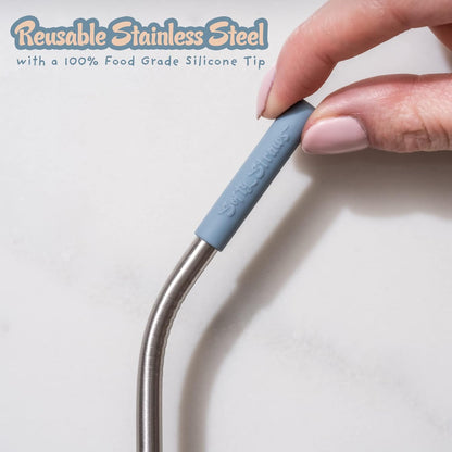 Softy Straws Premium Reusable Stainless Steel Drinking Straws With Silicone Tips + Patented Straw Cleaners and Carrying Case - 9” Long Metal With Curved Bend for 20/30/32oz Tumblers