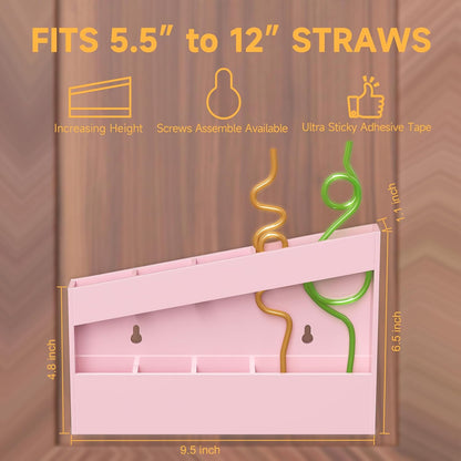 Acrylic Straw Holder for Cabinet - 9.5 Inch Clear Reusable Straw Organizer Dispenser with Ultra Sticky Adhesive Tapes, Slanted Kitchen Accessories Container Cupboard Door Mounted