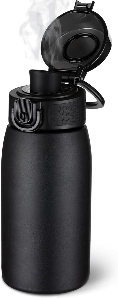 Insulated Water Bottle 24 oz with Dustproof Lid, Carry Handle & Tea Infuser, BPA-Free & Leakproof, Stainless Steel Water Bottles Ideal for Fitness, Hiking, Office & Outdoor Use (Black)