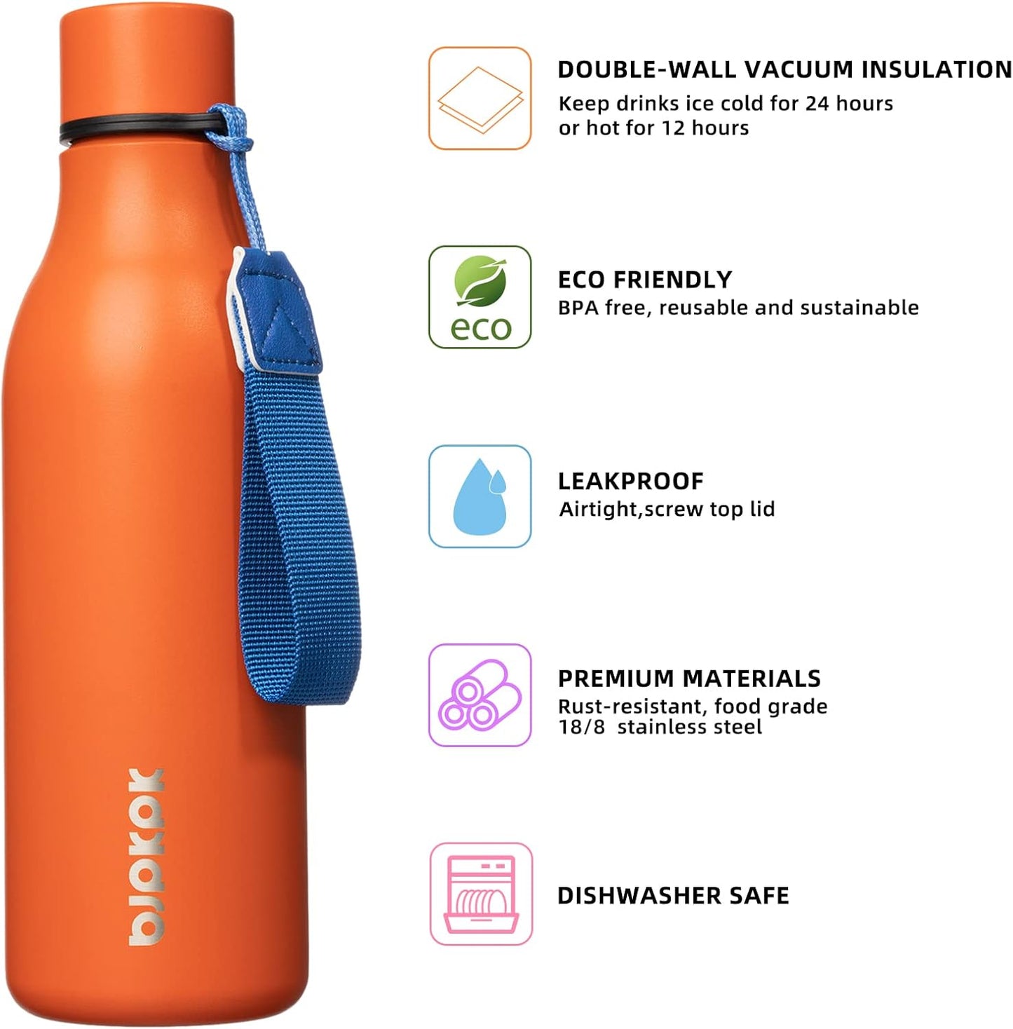 BJPKPK Insulated Water Bottles, 18 oz Stainless Steel Metal Water Bottle with Strap, BPA Free Leak Proof Jugs, Mugs, Flasks, Reusable Thermal Flasks for Sports & Travel, Black - Colors A