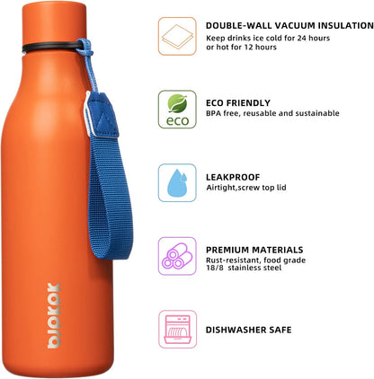 BJPKPK Insulated Water Bottles, 18 oz Stainless Steel Metal Water Bottle with Strap, BPA Free Leak Proof Jugs, Mugs, Flasks, Reusable Thermal Flasks for Sports & Travel, Black - Colors A