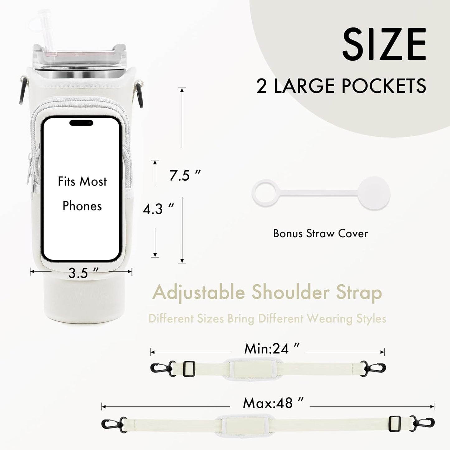 JEBEALUO Water Bottle Carrier Bag with Phone Pocket for Stanley Cup 40/30 oz, Water Bottle Holder with Adjustable Strap& Straw Cover, Stanley Cup Accessories