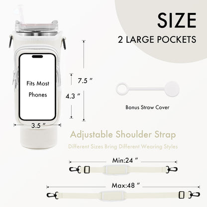 JEBEALUO Water Bottle Carrier Bag with Phone Pocket for Stanley Cup 40/30 oz, Water Bottle Holder with Adjustable Strap& Straw Cover, Stanley Cup Accessories