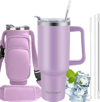 40oz Stainless Steel Double Vacuum Tumbler with Handle, Straw Lid, Carrier Bag, Purse Pouch Phone Pocket, Gym Water Bottle Travel Mug and Sleeve Holder for Men Women (Black)
