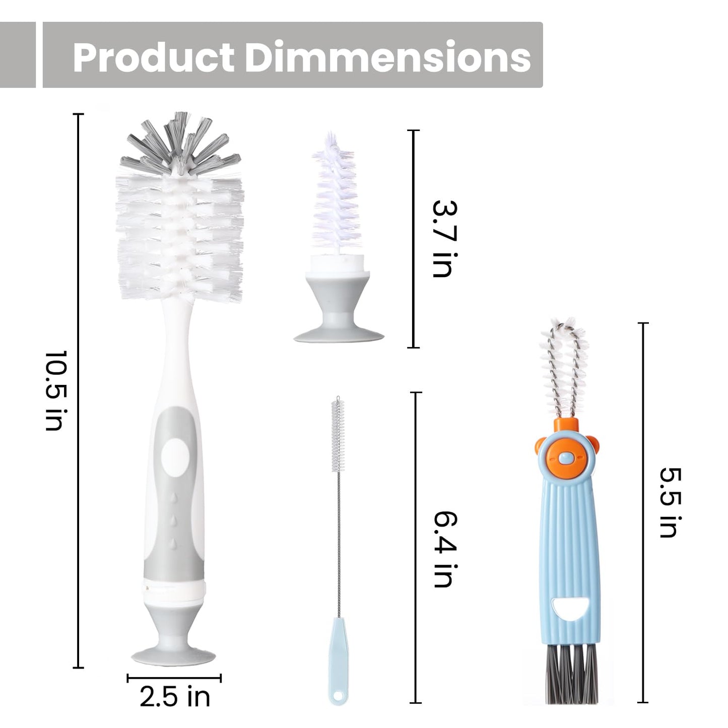 Ariseno 5-in-1 Baby Bottle Cleaner Set, Including Nylon & Silicone Bottle Brush, Cap, Straw & Nipple Brushes, BPA-Free (Grey)