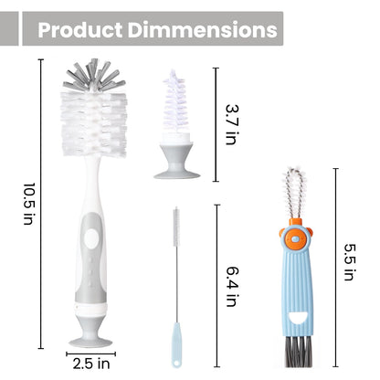 Ariseno 5-in-1 Baby Bottle Cleaner Set, Including Nylon & Silicone Bottle Brush, Cap, Straw & Nipple Brushes, BPA-Free (Grey)