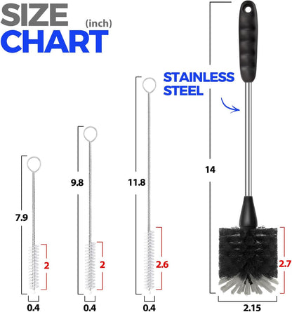 Holikme Bottle Brush Cleaner Set, 14" Long Handle Stainless Steel Bottle Cleaner Brush, 3 Straw Cleaner Brush, Bottle Cleaning Brush for Water Bottle, Cups, Abrasive Wheel Brushes, Straws Black