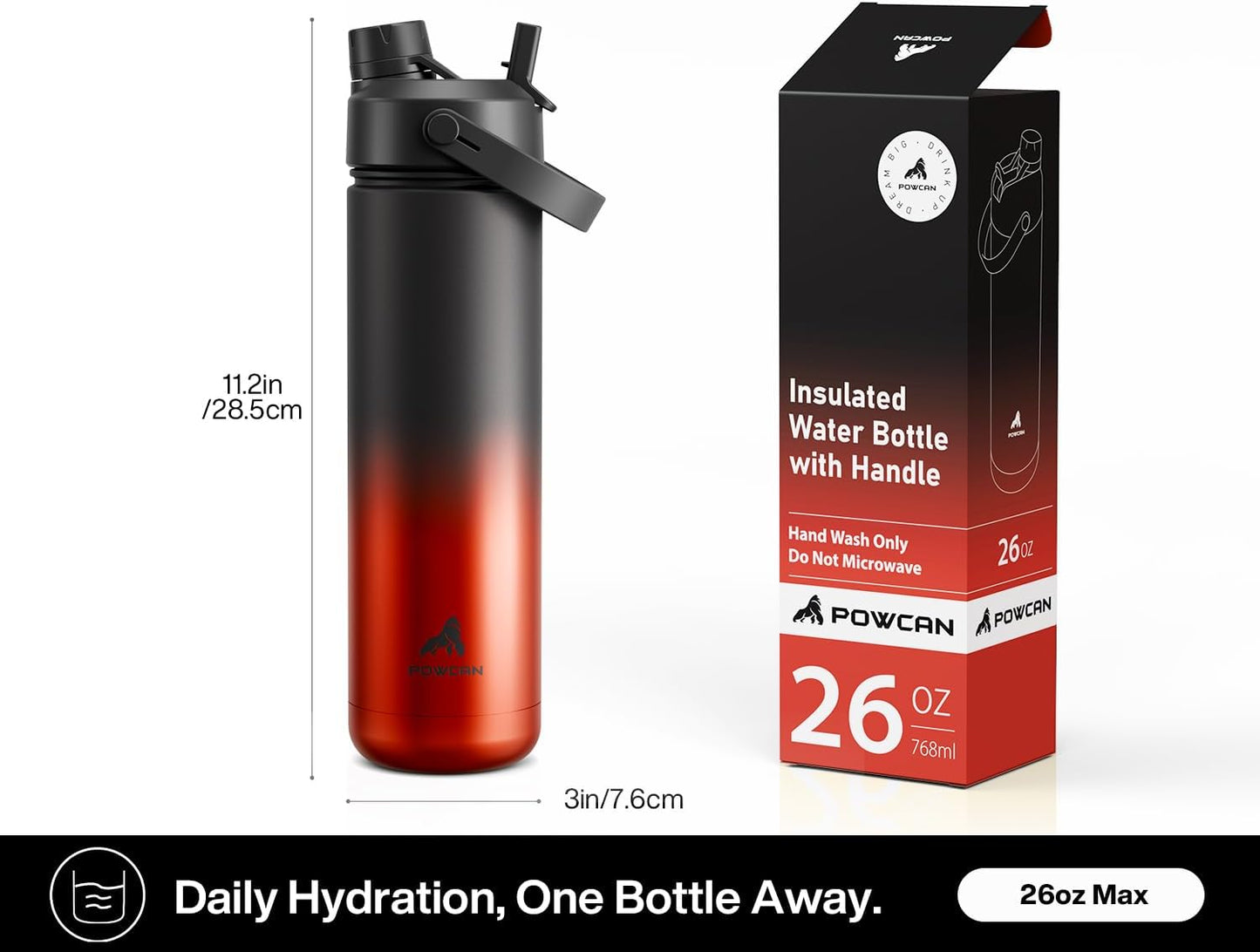 POWCAN 26 oz Insulated Water Bottle with 2-in-1 Straw and Spout Lid, Keep Cold 24H, Leak-Proof, Fits in Car Cup Holder, Stainless Steel Water Bottle for Sports, Travel, and School (Mint)