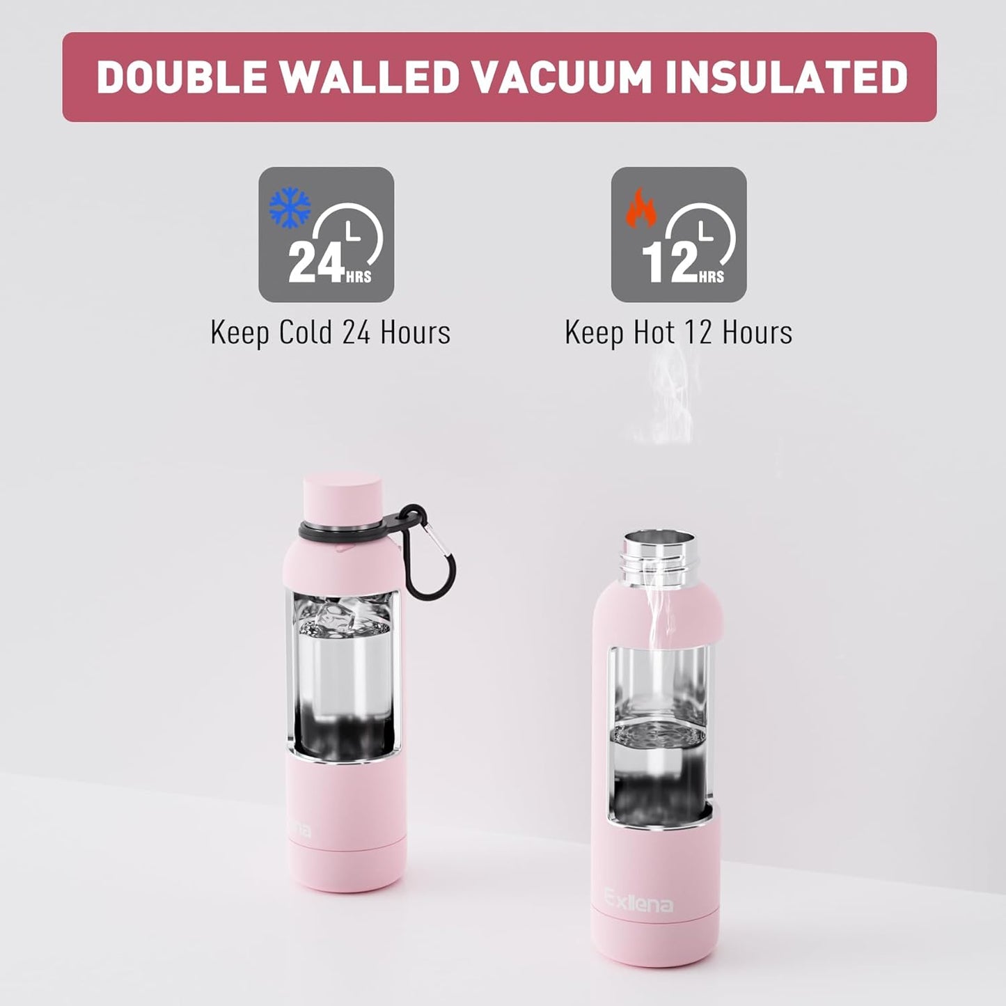 Exllena Slim Insulated Water Bottles for Travel 18oz with Clip, Double Wall Vacuum Stainless Steel Water Bottle Keeps Drinks Cold 24 Hrs/Hot 12 Hrs, 100% Leakproof, BPA Free(Black)