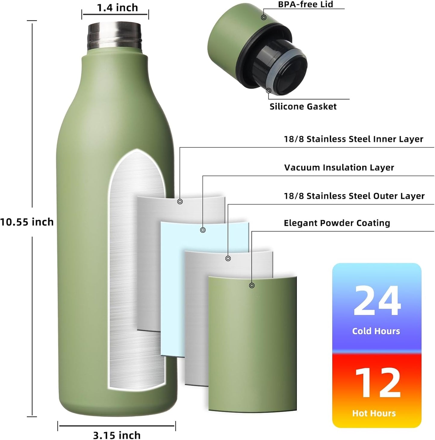 BJPKPK Insulated Water Bottles, 18 oz Stainless Steel Metal Water Bottle with Strap, BPA Free Leak Proof Jugs, Mugs, Flasks, Reusable Thermal Flasks for Sports & Travel, Black - Colors A