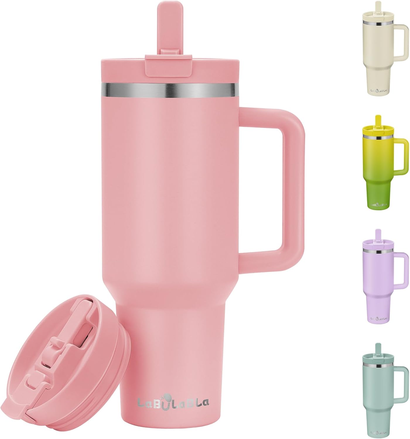 Labulabla 40oz Stainless Steel Insulated Tumbler with Flip Straw, 2-in-1 Lid, 100% Leakproof, Cup Holder Friendly, Handle, BPA-Free (light pink, 40, ounces)