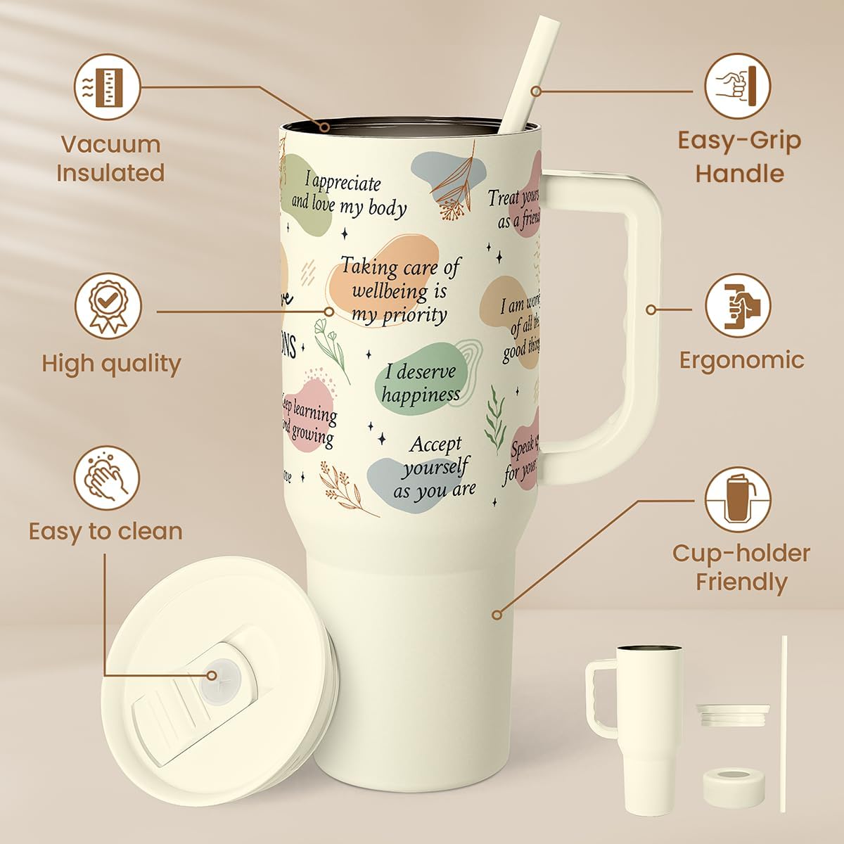 Floral Tumbler with Handle 40oz, Stainless Steel Insulated Tumblers Coffee Travel Mug Cup with Straw, Flower Coffee Cup Gifts for Women Girls, Gift for Her on Christmas Birthday Mothers Day
