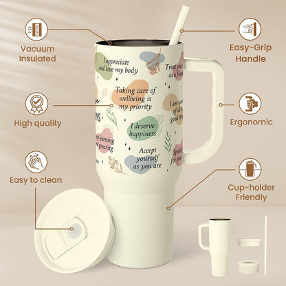 Floral Tumbler with Handle 40oz, Stainless Steel Insulated Tumblers Coffee Travel Mug Cup with Straw, Flower Coffee Cup Gifts for Women Girls, Gift for Her on Christmas Birthday Mothers Day