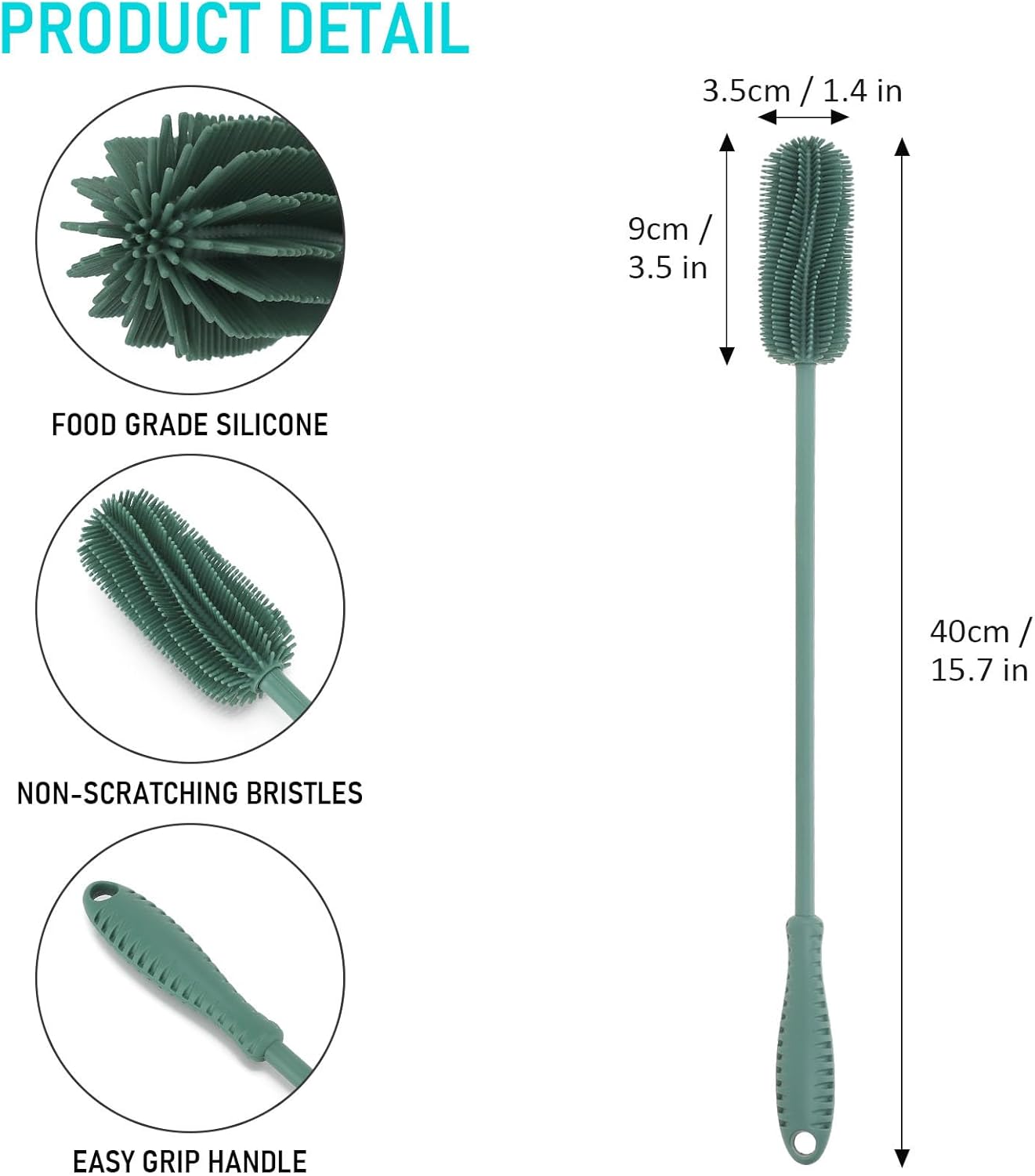 Silicone Bottle Cleaning Brush with Long Handle, 12.5" Water Bottle Cleaner for Baby Bottles, Hydro Flask, Sports Bottle, Vase, Glassware, Perfect for Smaller Diameter Bottle Openings (One Pack)