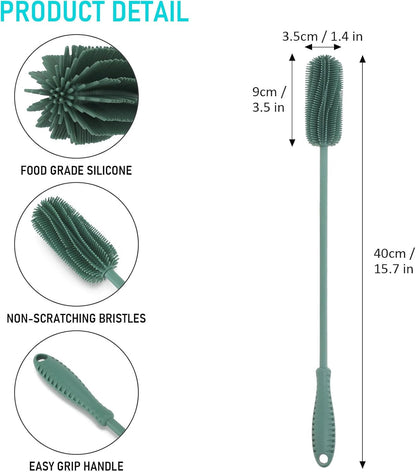 Silicone Bottle Cleaning Brush with Long Handle, 12.5" Water Bottle Cleaner for Baby Bottles, Hydro Flask, Sports Bottle, Vase, Glassware, Perfect for Smaller Diameter Bottle Openings (One Pack)