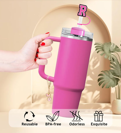 （3 +3) 3PCS Nuozme Straw Cover 10mm For Stanley Tumbler Cup Reusable Straw Cap Topper with 3 Initial Letter Charms Accessories Name ID Personalized Handle Charm For Stanley 30&40 Oz Cup Tumbler - Colors A
