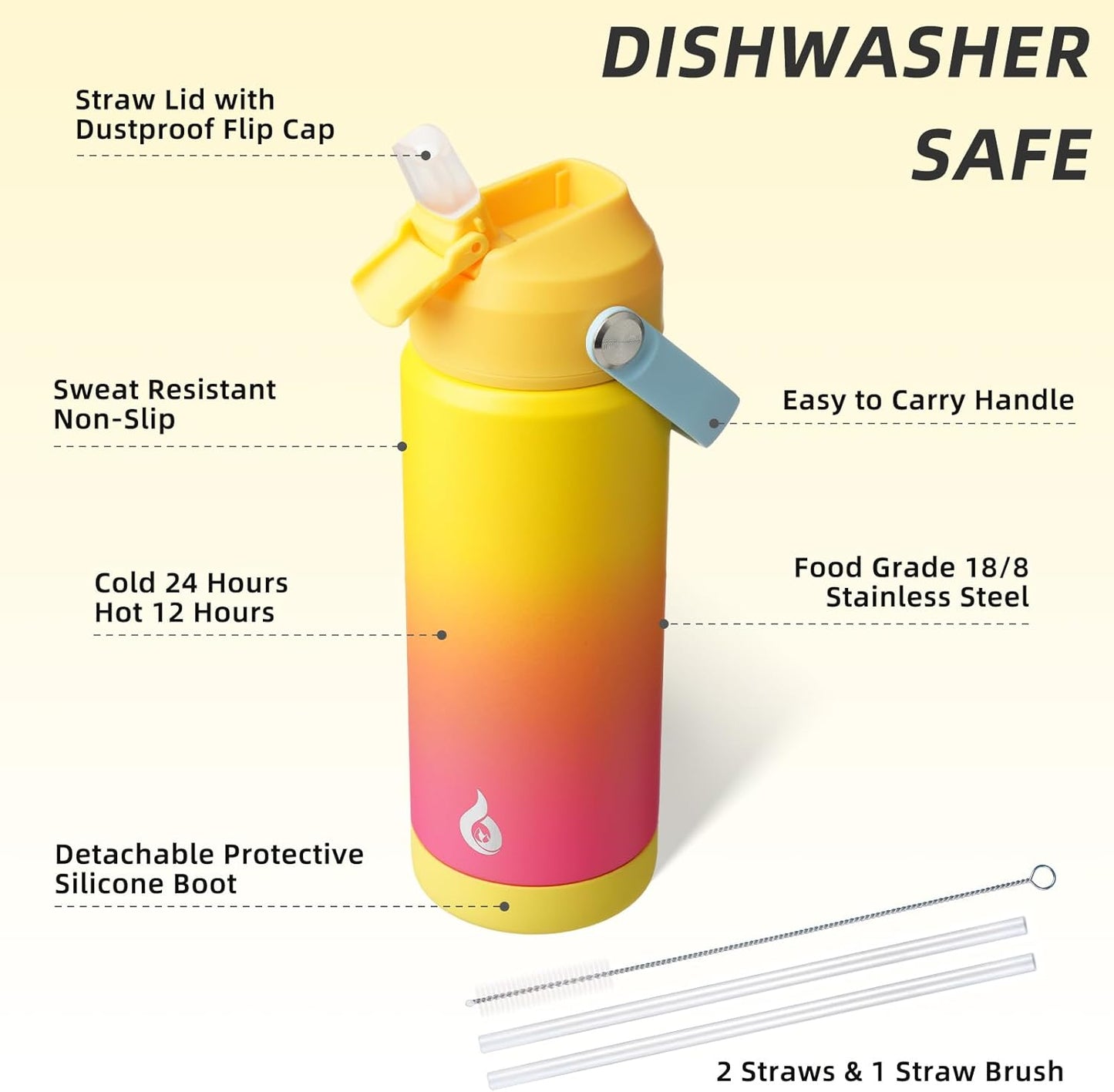 BJPKPK Insulated Water Bottle with Straw Lid, 18oz Thermo Water Bottles with Soft Nozzle, Flex Handle & Non-slip Boot, BPA Free Leak Proof Stainless Steel Metal Thermo, Tumblers, Cups,Sea Salt