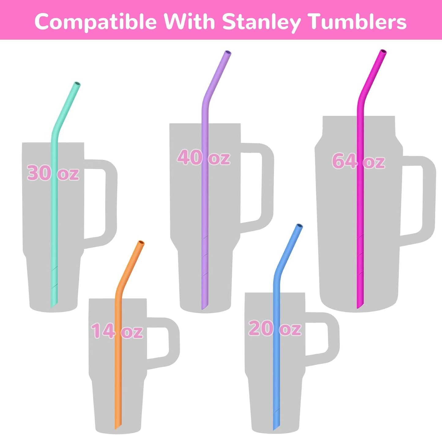 NiHome 14PCS Silicone Straws Fit for Stanley 40oz 30oz Tumbler, 14” Extra Long Reusable Drinking Straw, Flexible Can Cut Length for 1/Half Gallon 75 64 OZ Large Water Bottle - 2 Brushes (Rainbow)
