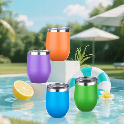 12oz/4 Pack Wine Tumbler Glasses with Lid Stemless Double Wall Vacuum Stainless Steel Travel Tumbler Keeping Cold & Hot for Wine,Coffee,Cocktails,Drinks-Family and Gifts (Multi color-dark)