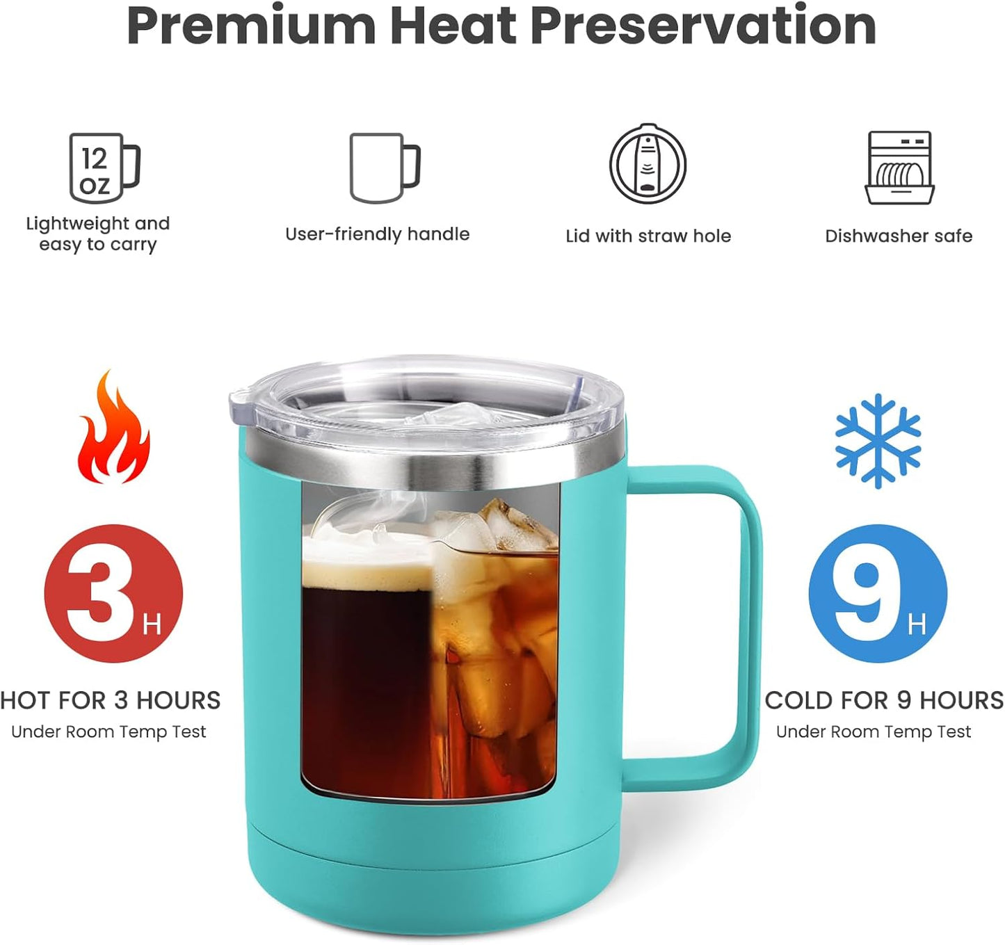 MEWAY 12oz Coffee Mug With Handle and Sliding Lid,Stainless Steel Travel Tumbler Cup with Handle,Double Wall Vacuum Insulated Camping Cup for Hot & Cold Drinks Tea (Black,Set of 1