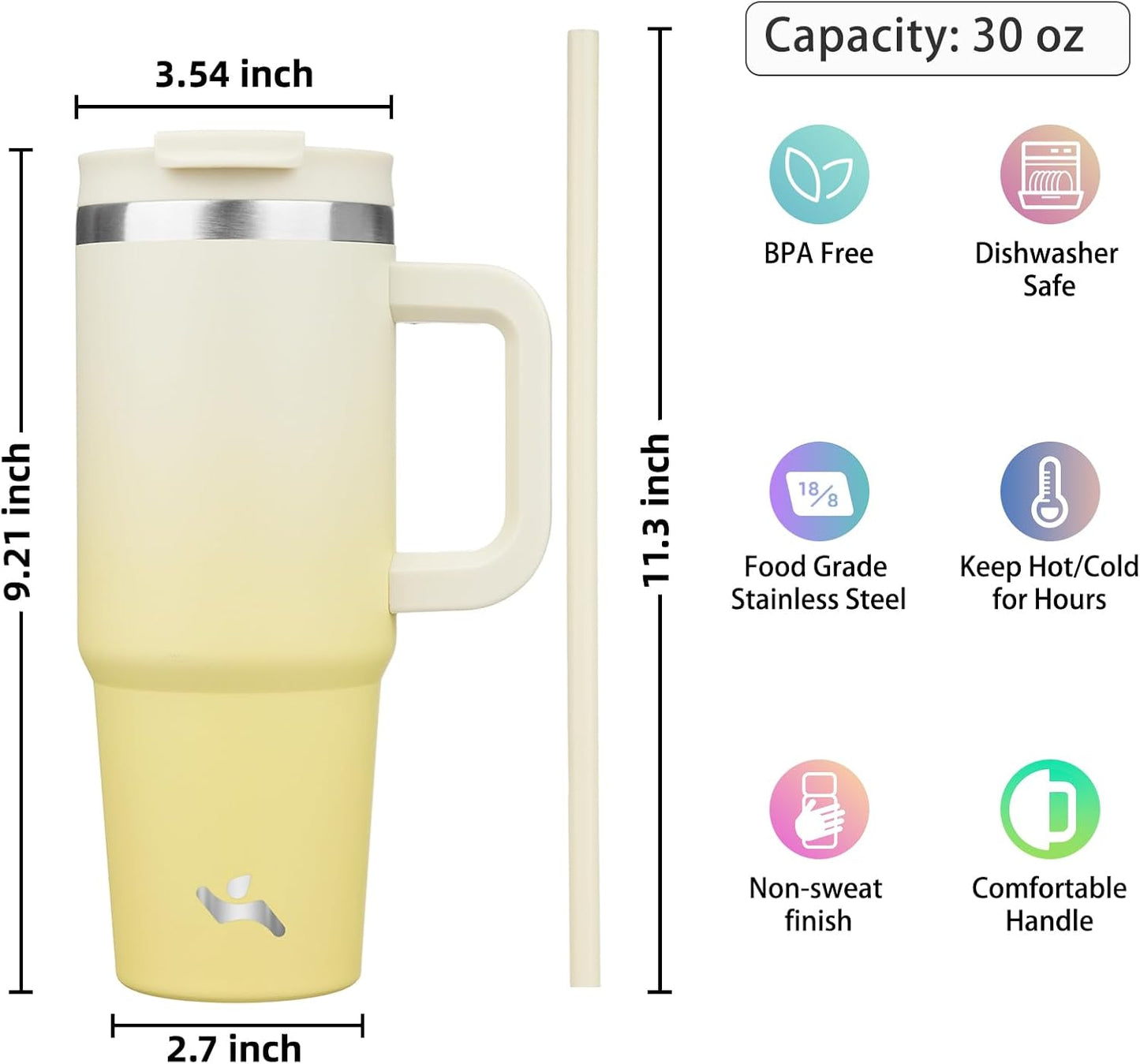 Konokyo 30 oz Tumbler with Handle and 2 Straws,2 in 1 Lid Insulated Water Bottle Stainless Steel Travel Coffee Mug,Sky
