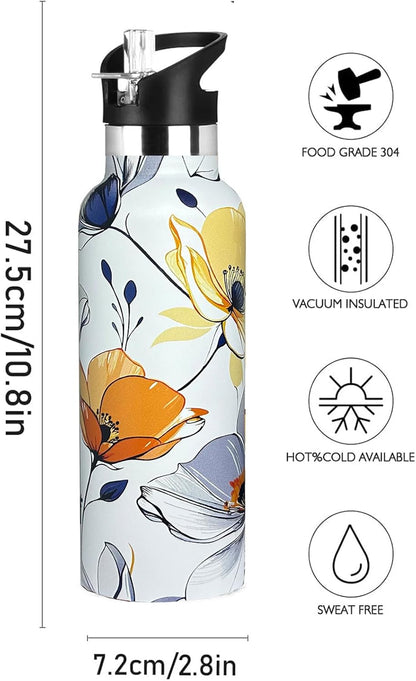 Pickleball Sport Water Bottle with Straw, Vacuum Insulated Stainless Steel Thermal Drinking Travel Mug Cups For Gym Fitness Camping-20oz/600ml
