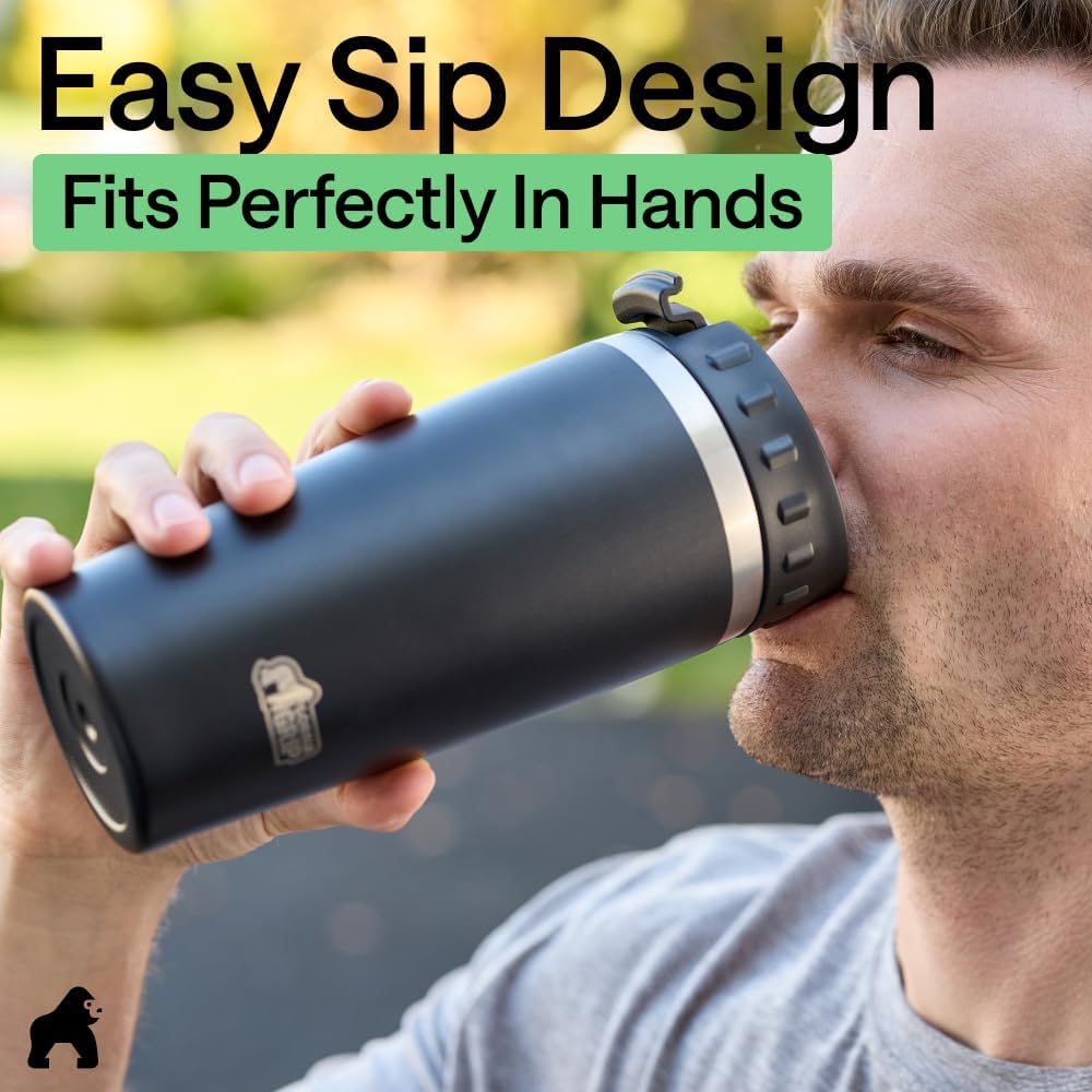 GORILLA GRIP 304 Stainless Steel Double Insulated Travel Coffee Mug, Leakproof Lid with Smooth Sip Top, Prevent Spills, Dent & Rust Resistant Reusable Tumbler Cup, Thermal Mugs for Drinks, 20oz, Black