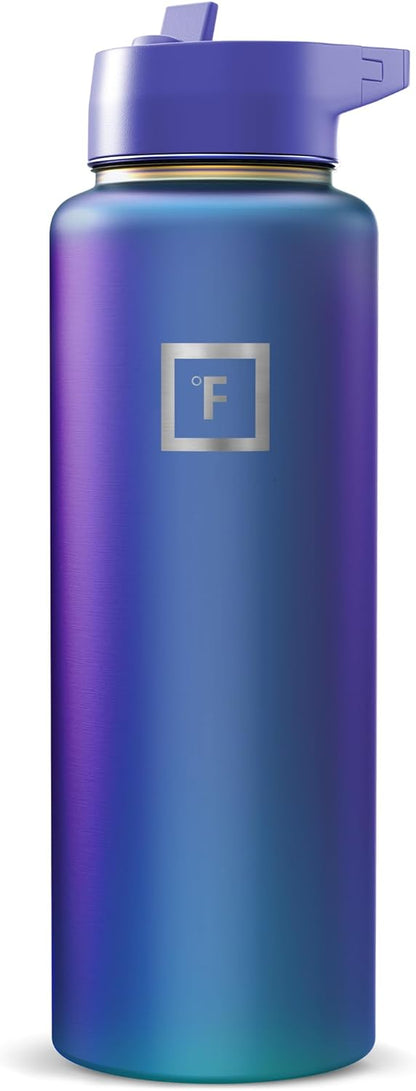 IRON °FLASK Camping & Hiking Hydration Flask with Straw, Wide Mouth Insulated Stainless Steel Sports Water Bottle - 40 oz Midnight Black