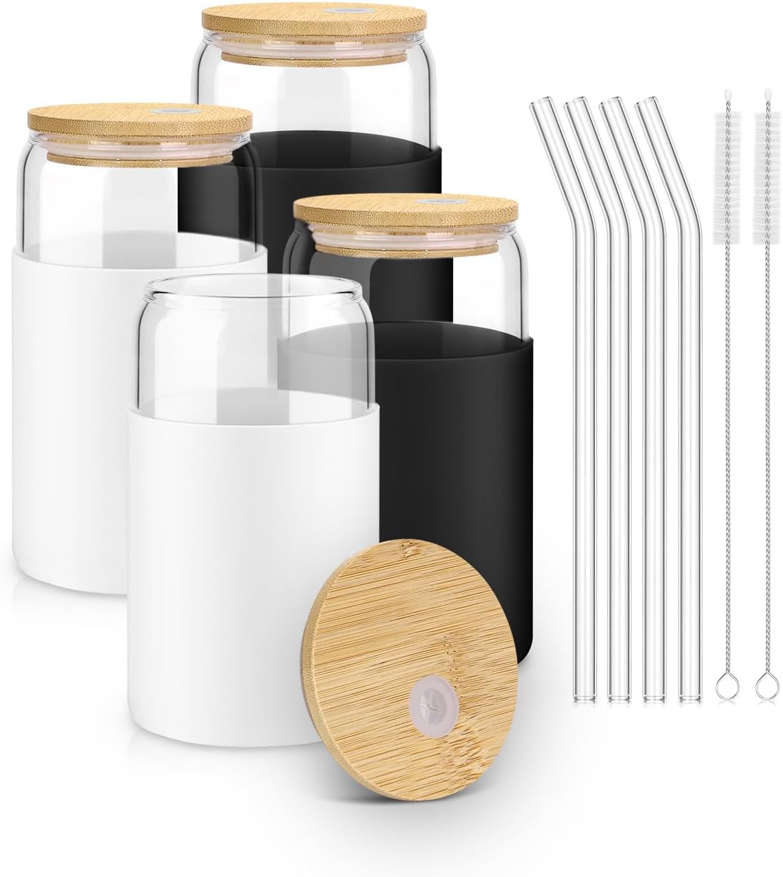 sungwoo 4PCS Glass Cups with Bamboo Lids and Straws, 16OZ Ice Coffee Cup, Drinking Cup set with Wooden Lids, Home Essential Glass Tumblers for Beer, Cocktail, Tea and Latte Clear