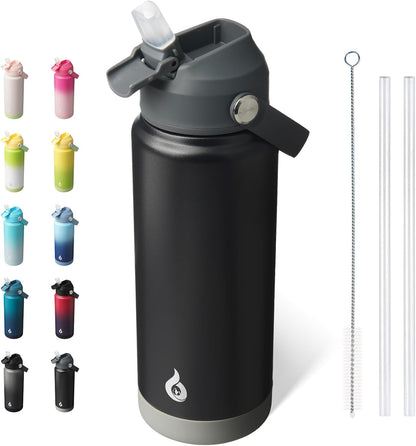 BJPKPK Insulated Water Bottle with Straw Lid, 18oz Thermo Water Bottles with Soft Nozzle, Flex Handle & Non-slip Boot, BPA Free Leak Proof Stainless Steel Metal Thermo, Tumblers, Cups,Sea Salt