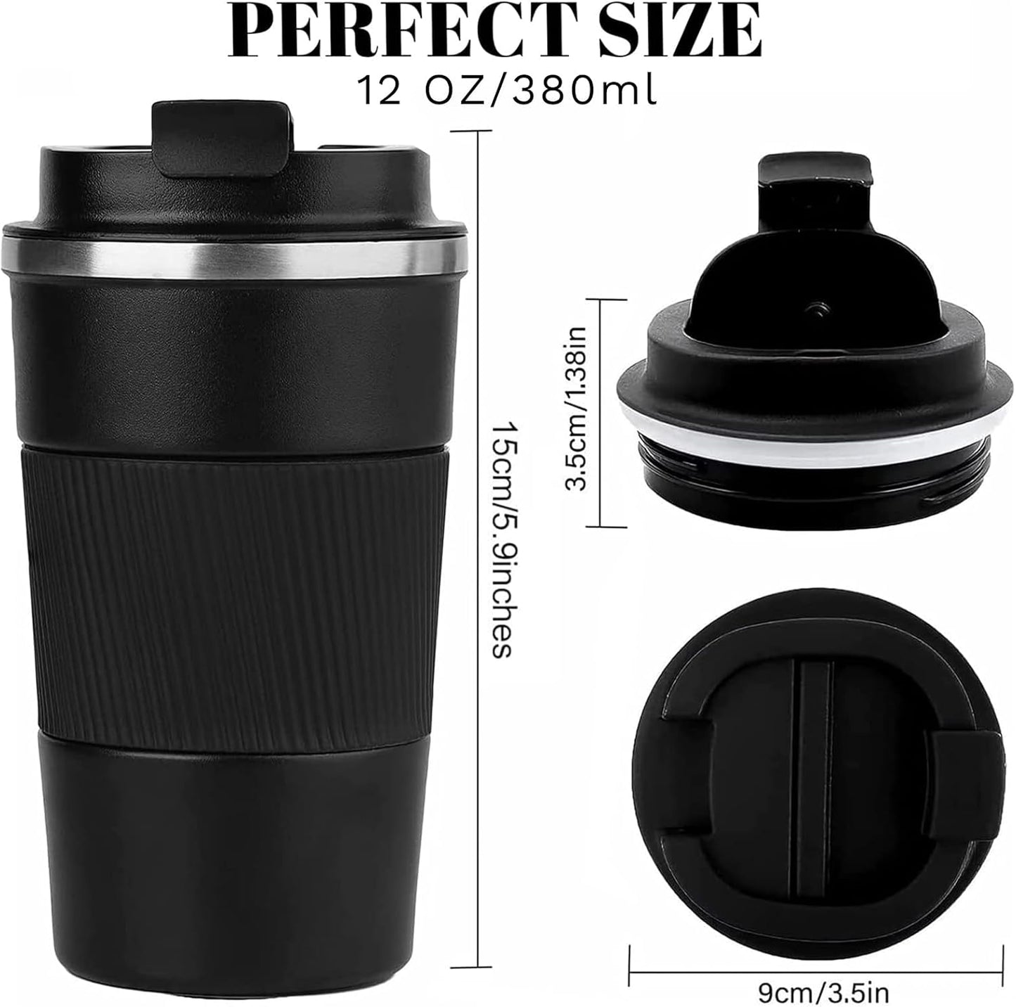 YINBAOGE Insulated Travel Coffee Mug, Spill & Leak Proof, Portable To Go Camping Stainless Steel Coffee Tumbler, Reusable Thermal Coffee Cup with Lid for Hot & Cold Drinks (Black, 12 OZ)