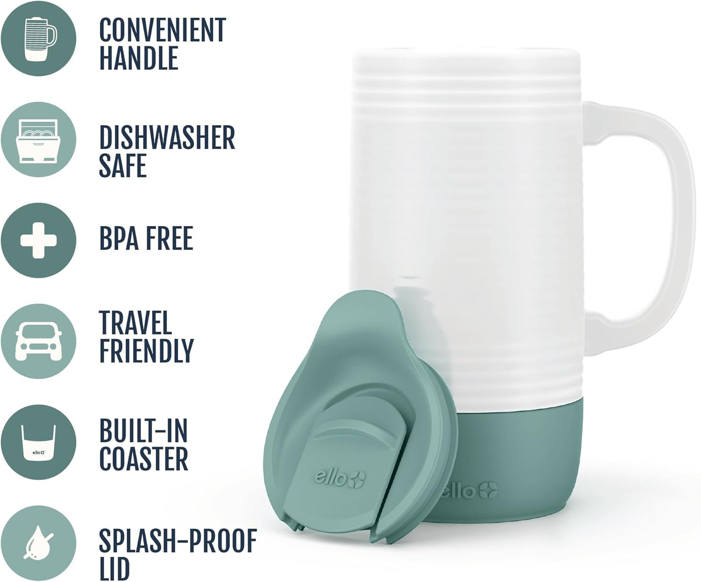 Ello Jane 18oz Ceramic Travel Mug with Handle, Splash-Resistant Slider Lid and Built-in Coaster, Perfect for Coffee and Tea, BPA Free, Dishwasher Safe, Gift for Him Her Mother's Day Birthday, Sandbar