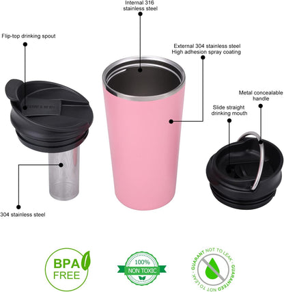 GiNT 17oz Travel Tea Mug with Infuser, 2 Lids. Vacuum Insulated 316 Stainless Steel Coffee Mug. Dishwasher Safe Tea Cup with Strainer for Hot & Cold Brew Coffee. Mothers Day Gifts for Mom (White)