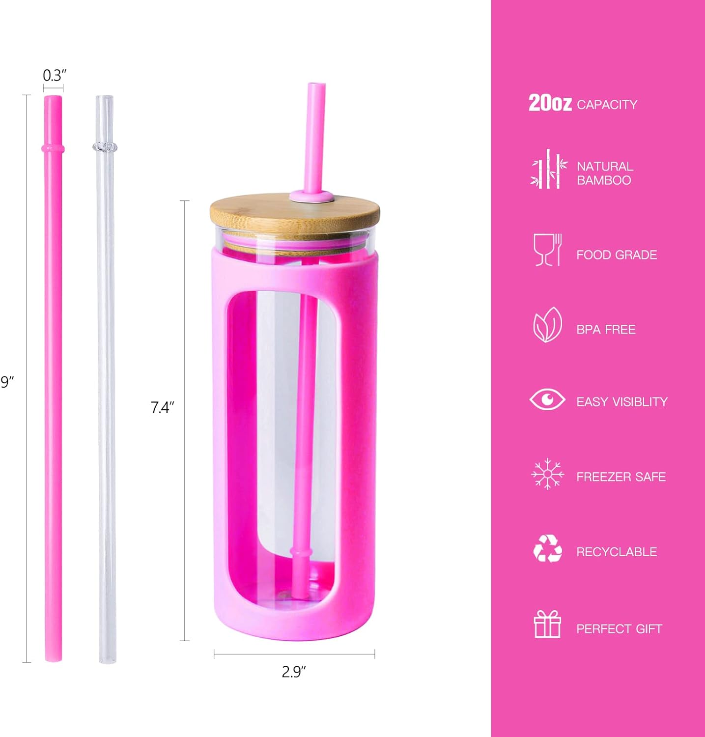 Kodrine 20oz Glass Water Tumbler with Straw and Lid, Bamboo Lids Water Bottle, Iced Coffee Cup Reusable, Wide Mouth Smoothie Cups with Protective Silicone Sleeve BPA FREE-Black - Colors B