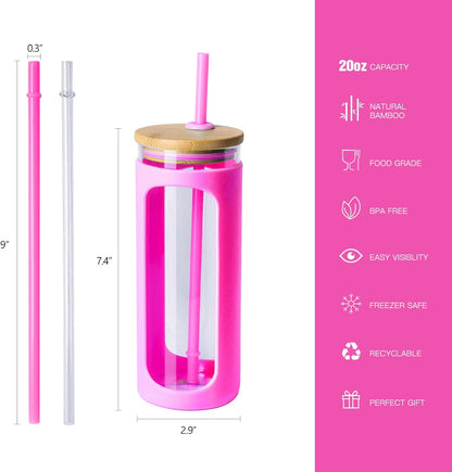 Kodrine 20oz Glass Water Tumbler with Straw and Lid, Bamboo Lids Water Bottle, Iced Coffee Cup Reusable, Wide Mouth Smoothie Cups with Protective Silicone Sleeve BPA FREE-Black - Colors B