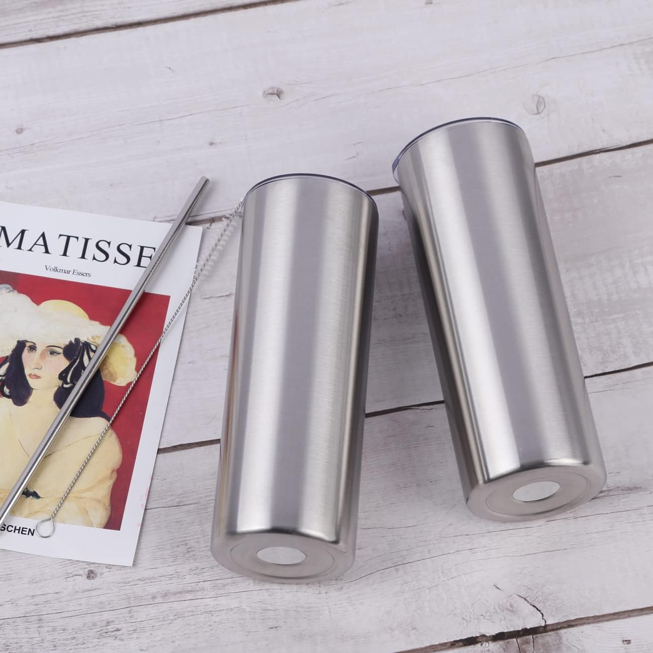 8 Pack 20 Oz Straight Skinny Tumblers, Individually Gift Boxed Stainless Steel Slim Skinny Tumbler Set Bulk, 20 Oz Insulated Slim Thin Travel Tumbler Cup for Diy, Silver