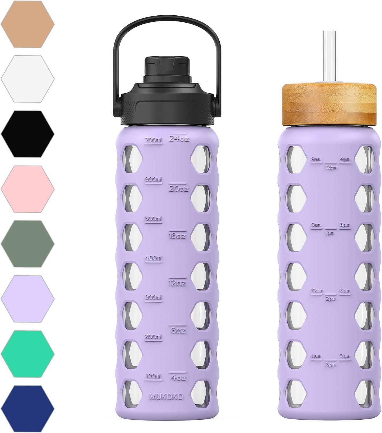 MUKOKO Glass Water Bottles, 32oz Glass Tumbler with Straw, Drinking Bottles with 2 Lids-Handle Spout Lid&Bamboo Straw Lid, Motivational Water Bottle with Time Marker and Silicone Sleeve, 1 Pack-Olive
