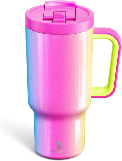 Meoky 32 oz Tumbler with Handle and Flip Straw, 100% Leakproof Tumbler with Lid and Straw, Stainless Steel Insulated Cup, Cupholder Friendly, Keeps Cold for 24 Hours (Night)
