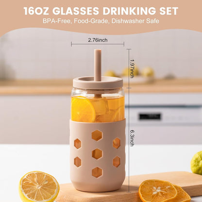 Mrsdry Glass Cups with Lids and Straws (4 Pcs), 16oz Drinking Glasses Set with Silicone Sleeves for Coffee Bar Accessories Iced Coffee Cups with Lids, Glass Tumbler Reusable for Gifts