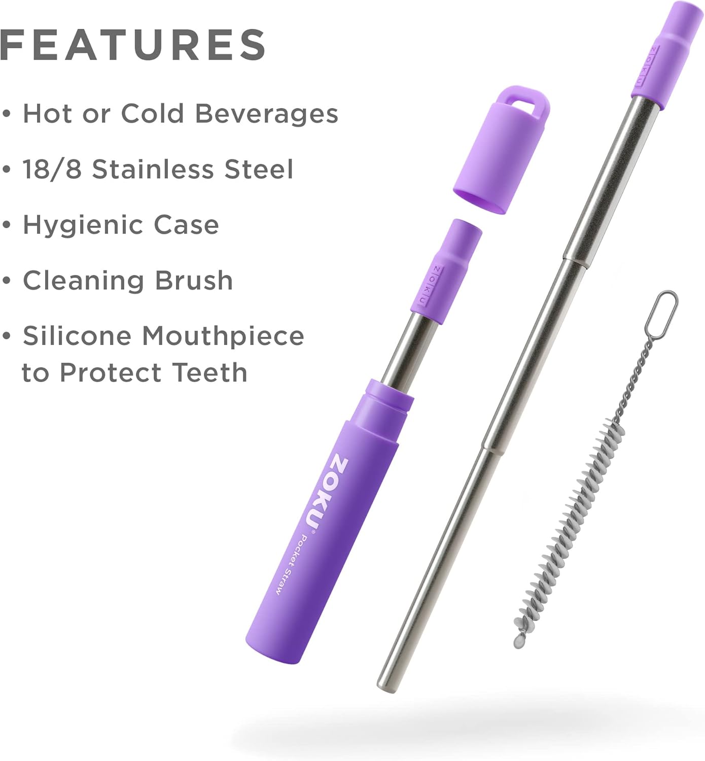 ZOKU Reusable Metal Straw with Case for Travel, Teal - Collapsible Stainless Steel Drinking Straw with Silicone Tip and Cleaner Brush, Ideal for Key Chains, Pockets, Purses