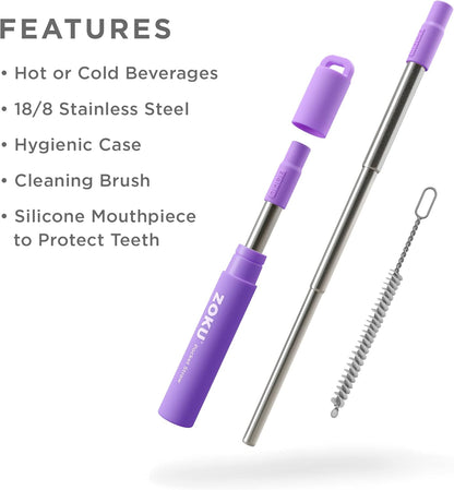 ZOKU Reusable Metal Straw with Case for Travel, Teal - Collapsible Stainless Steel Drinking Straw with Silicone Tip and Cleaner Brush, Ideal for Key Chains, Pockets, Purses