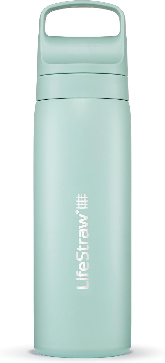 LifeStraw Go Series — Insulated Stainless Steel Water Filter Bottle for Travel and Everyday Use Removes Bacteria, Parasites and Microplastics, Improves Taste, 1L Aegan Sea