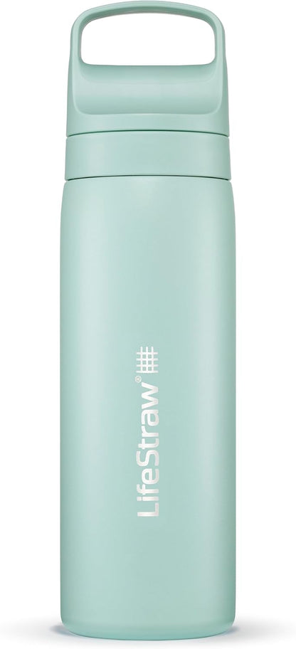 LifeStraw Go Series — Insulated Stainless Steel Water Filter Bottle for Travel and Everyday Use Removes Bacteria, Parasites and Microplastics, Improves Taste, 1L Aegan Sea