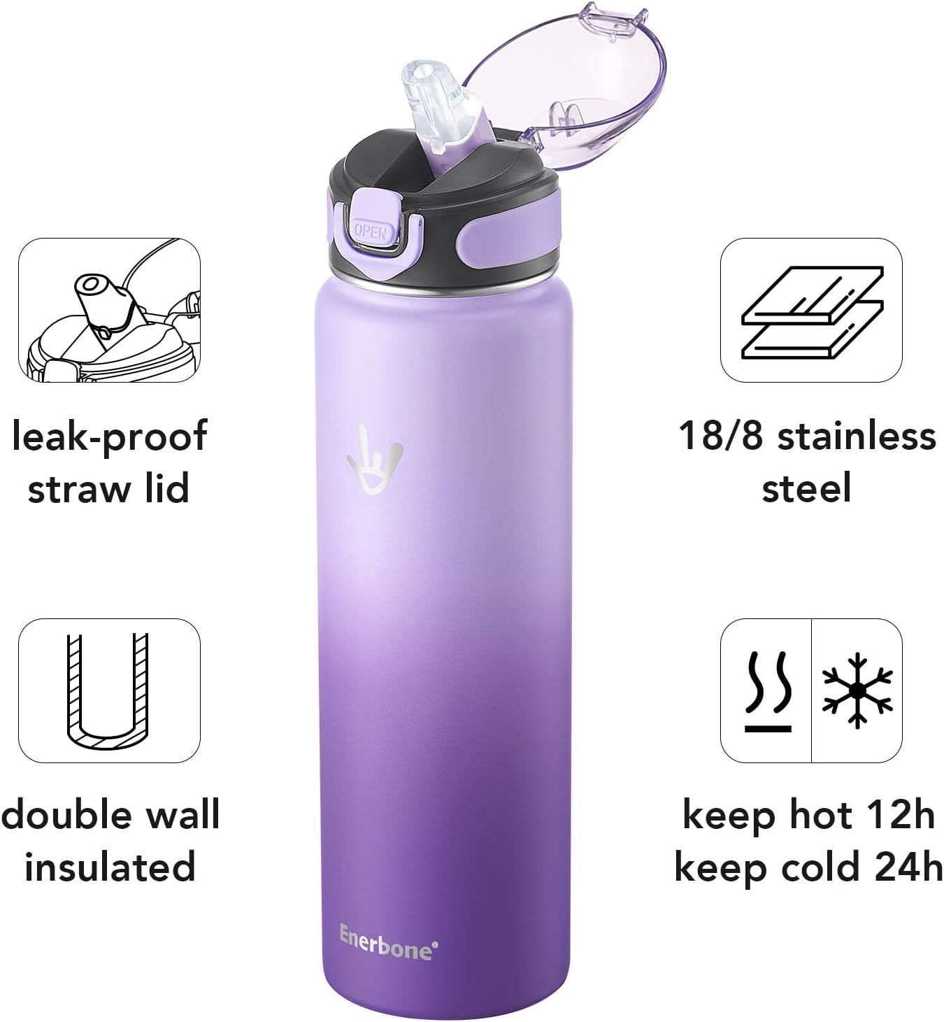 Enerbone 24 oz Insulated Water Bottle, Stainless Steel Bottle with Carrying Strap, Double-Wall Vacuum Insulation Design, Leakproof Sports Bottle with Straw, Keep Drinks Cold or Hot for Hours