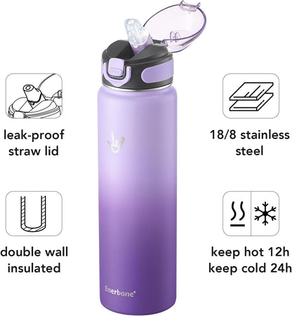 Enerbone 24 oz Insulated Water Bottle, Stainless Steel Bottle with Carrying Strap, Double-Wall Vacuum Insulation Design, Leakproof Sports Bottle with Straw, Keep Drinks Cold or Hot for Hours