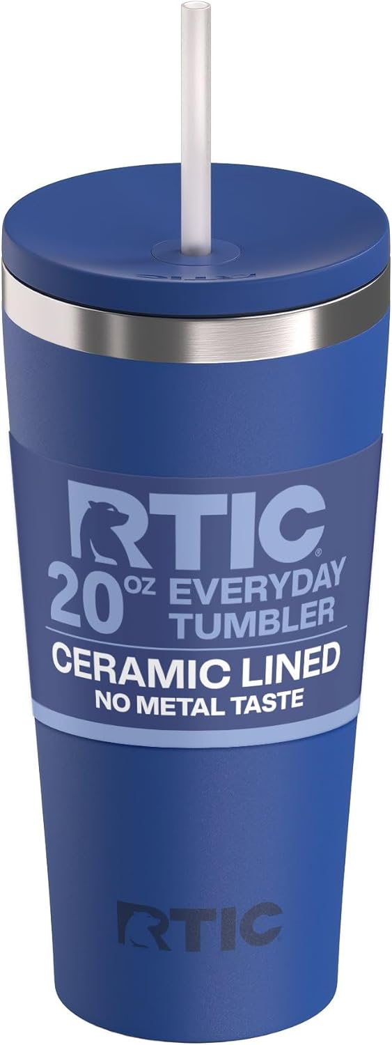 RTIC 20oz Everyday Tumbler Insulated Stainless Steel Portable Travel Coffee Cup with Straw, Ceramic Lining, Spill-Resistant Lid, BPA-Free, Hot and Cold Drink, Beach