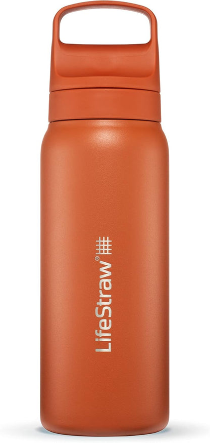 LifeStraw Go Series — Insulated Stainless Steel Water Filter Bottle for Travel and Everyday Use Removes Bacteria, Parasites and Microplastics, Improves Taste, 1L Aegan Sea